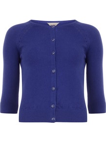 Petite Cobalt Cardigan - neckline: round neck; pattern: plain; length: cropped; predominant colour: royal blue; occasions: casual; style: standard; fibres: cotton - mix; fit: slim fit; sleeve length: 3/4 length; sleeve style: standard; texture group: knits/crochet; pattern type: knitted - fine stitch