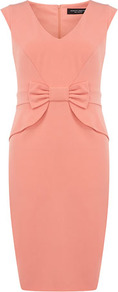 Coral Bow Dress - style: shift; neckline: v-neck; sleeve style: capped; fit: tailored/fitted; pattern: plain; waist detail: embellishment at waist/feature waistband; hip detail: fitted at hip; predominant colour: coral; occasions: evening, work, occasion; length: just above the knee; fibres: polyester/polyamide - stretch; sleeve length: sleeveless; texture group: crepes; trends: glamorous day shifts; pattern type: fabric