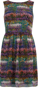 Garden Floral Circle Dress - style: shift; length: mid thigh; sleeve style: sleeveless; waist detail: fitted waist; predominant colour: burgundy; secondary colour: dark green; occasions: casual, evening, holiday; fit: fitted at waist & bust; fibres: polyester/polyamide - 100%; neckline: crew; hip detail: sculpting darts/pleats/seams at hip; sleeve length: sleeveless; texture group: sheer fabrics/chiffon/organza etc.; pattern type: fabric; pattern size: small & busy; pattern: patterned/print