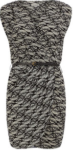 Cream Fan Crossover Dress - style: faux wrap/wrap; length: mid thigh; neckline: v-neck; sleeve style: sleeveless; waist detail: belted waist/tie at waist/drawstring; bust detail: ruching/gathering/draping/layers/pintuck pleats at bust; predominant colour: stone; secondary colour: black; occasions: evening, work, occasion, holiday; fit: body skimming; fibres: polyester/polyamide - 100%; hip detail: soft pleats at hip/draping at hip/flared at hip; shoulder detail: flat/draping pleats/ruching/gathering at shoulder; sleeve length: sleeveless; texture group: jersey - clingy; trends: modern geometrics; pattern type: fabric; pattern size: small & busy; pattern: patterned/print