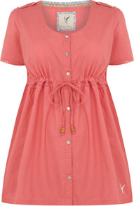 Silk Shore Coral Cotton Ribbon Tie Blouse - neckline: round neck; pattern: plain; length: below the bottom; waist detail: belted waist/tie at waist/drawstring; predominant colour: coral; occasions: casual, holiday; style: top; fibres: cotton - 100%; fit: empire; hip detail: ruching/gathering at hip; sleeve length: short sleeve; sleeve style: standard; texture group: cotton feel fabrics; pattern type: fabric