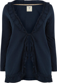 Silk Shore Navy Jersey Ruffle Cardigan - neckline: low v-neck; pattern: plain; length: below the bottom; bust detail: ruching/gathering/draping/layers/pintuck pleats at bust; predominant colour: navy; occasions: casual, work; style: standard; fibres: cotton - 100%; fit: standard fit; sleeve length: long sleeve; sleeve style: standard; pattern type: fabric; texture group: jersey - stretchy/drapey