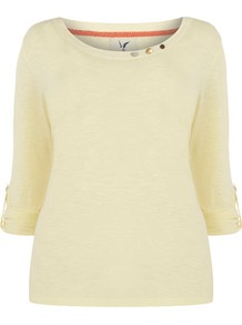 Silk Shore Yellow Jersey Long Sleeve Top - neckline: round neck; pattern: plain; bust detail: added detail/embellishment at bust; style: t-shirt; predominant colour: primrose yellow; occasions: casual, work; length: standard; fibres: cotton - 100%; fit: body skimming; sleeve length: 3/4 length; sleeve style: standard; pattern type: fabric; texture group: jersey - stretchy/drapey