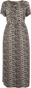 Leopard Print Maxi Dress - neckline: round neck; fit: fitted at waist; style: maxi dress; length: ankle length; bust detail: added detail/embellishment at bust; waist detail: wide waistband/cummerbund; hip detail: fitted at hip; predominant colour: stone; secondary colour: black; occasions: casual, evening, occasion, holiday; fibres: viscose/rayon - stretch; sleeve length: short sleeve; sleeve style: standard; trends: statement prints; pattern type: fabric; pattern size: small & busy; pattern: animal print; texture group: jersey - stretchy/drapey; embellishment: chain/metal
