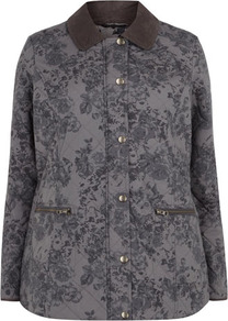 Grey Floral Quilted Jacket - length: standard; style: quilted; fit: slim fit; secondary colour: charcoal; predominant colour: mid grey; occasions: casual; fibres: cotton - 100%; collar: shirt collar/peter pan/zip with opening; sleeve length: long sleeve; sleeve style: standard; collar break: high/illusion of break when open; pattern type: fabric; pattern size: small & busy; pattern: florals; texture group: other - light to midweight