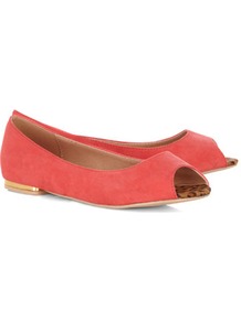 Coral Metallic Heel Peeptoe Pumps - predominant colour: coral; occasions: casual, work, holiday; material: fabric; heel height: flat; toe: open toe/peeptoe; style: ballerinas / pumps; trends: metallics; finish: plain; pattern: plain