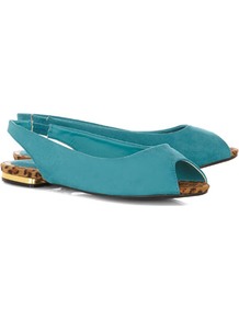 Turquoise Peeptoe Slingback Pumps - predominant colour: turquoise; occasions: casual, holiday; material: fabric; heel height: flat; embellishment: elasticated; ankle detail: ankle strap; toe: open toe/peeptoe; style: ballerinas / pumps; finish: plain; pattern: animal print