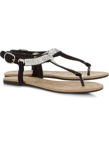 Black Chainmail Sandals - secondary colour: silver; predominant colour: black; occasions: casual, evening, holiday; material: suede; heel height: flat; embellishment: crystals; ankle detail: ankle strap; heel: standard; toe: toe thongs; style: flip flops / toe post; finish: plain; pattern: plain