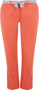 Silk Shore Coral Chino Trousers - pattern: plain; pocket detail: small back pockets, pockets at the sides; waist detail: belted waist/tie at waist/drawstring; waist: mid/regular rise; predominant colour: coral; occasions: casual, holiday; length: ankle length; style: chino; fibres: cotton - 100%; texture group: cotton feel fabrics; fit: straight leg; pattern type: fabric
