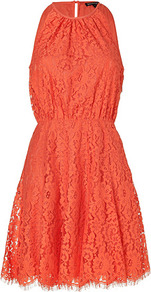Sweet Clementine Scallop Lace Dress - length: mid thigh; fit: fitted at waist; pattern: plain; sleeve style: sleeveless; waist detail: fitted waist; predominant colour: bright orange; occasions: casual, evening, holiday; style: fit & flare; fibres: polyester/polyamide - mix; neckline: crew; back detail: keyhole/peephole detail at back; sleeve length: sleeveless; texture group: lace; pattern type: fabric; embellishment: lace