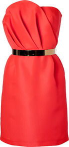 Bright Orange Silk Bustier Dress - style: shift; length: mid thigh; neckline: strapless (straight/sweetheart); fit: tailored/fitted; pattern: plain; sleeve style: strapless; waist detail: belted waist/tie at waist/drawstring; bust detail: ruching/gathering/draping/layers/pintuck pleats at bust; predominant colour: true red; occasions: evening, occasion; fibres: silk - 100%; sleeve length: sleeveless; texture group: structured shiny - satin/tafetta/silk etc.; pattern type: fabric