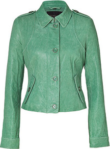 Mint Celia Leather Jacket - pattern: plain; style: single breasted blazer; shoulder detail: obvious epaulette; predominant colour: mint green; occasions: casual, work; length: standard; fit: tailored/fitted; fibres: leather - 100%; collar: shirt collar/peter pan/zip with opening; sleeve length: long sleeve; sleeve style: standard; texture group: leather; collar break: high; pattern type: fabric