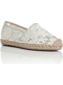 Lace Espadrilles In Ivory/Nude - predominant colour: ivory; occasions: casual, holiday; material: fabric; heel height: flat; toe: round toe; style: ballerinas / pumps; finish: plain; pattern: florals; embellishment: lace