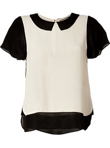 Nude/Black Loiva Top - style: blouse; shoulder detail: contrast pattern/fabric at shoulder; secondary colour: nude; predominant colour: black; occasions: casual, evening, work; length: standard; fibres: viscose/rayon - 100%; fit: straight cut; neckline: no opening/shirt collar/peter pan; back detail: longer hem at back than at front; sleeve length: short sleeve; sleeve style: standard; texture group: sheer fabrics/chiffon/organza etc.; pattern type: fabric; pattern size: small & light; pattern: colourblock