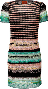 Black/Cinnamon Multi Rayon Cotton Dress - style: shift; pattern: horizontal stripes; secondary colour: blush; predominant colour: black; occasions: evening, work, occasion; length: just above the knee; fit: body skimming; neckline: crew; sleeve length: short sleeve; sleeve style: standard; pattern type: fabric; pattern size: small & busy; texture group: jersey - stretchy/drapey; fibres: viscose/rayon - mix