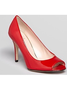 Peep Toe Pumps Stylish High Heel - predominant colour: true red; occasions: casual, evening, work, occasion; material: leather; heel height: high; heel: stiletto; toe: open toe/peeptoe; style: courts; finish: patent; pattern: plain