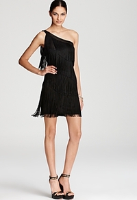 One Shoulder Dress Fringe - length: mid thigh; pattern: plain; sleeve style: sleeveless; style: asymmetric (top); bust detail: added detail/embellishment at bust; neckline: asymmetric; predominant colour: black; occasions: evening, occasion; fit: body skimming; fibres: viscose/rayon - stretch; shoulder detail: asymmetric shoulder detail/one shoulder; sleeve length: sleeveless; texture group: silky - light; pattern type: fabric; embellishment: fringing