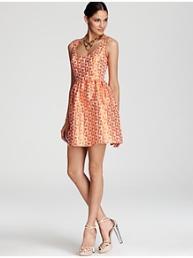 Dress Dot Print Jacquard - length: mid thigh; sleeve style: standard vest straps/shoulder straps; waist detail: fitted waist; back detail: low cut/open back; pattern: polka dot; secondary colour: white; predominant colour: bright orange; occasions: evening, occasion, holiday; fit: fitted at waist & bust; style: fit & flare; neckline: scoop; fibres: polyester/polyamide - 100%; hip detail: ruching/gathering at hip; sleeve length: sleeveless; trends: statement prints; pattern type: fabric; pattern size: small & busy; texture group: brocade/jacquard