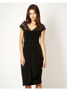 Designer Black Lace Shoulder Dress - style: shift; length: below the knee; neckline: low v-neck; sleeve style: capped; fit: tailored/fitted; pattern: plain; back detail: low cut/open back; waist detail: twist front waist detail/nipped in at waist on one side/soft pleats/draping/ruching/gathering waist detail; shoulder detail: contrast pattern/fabric at shoulder; predominant colour: black; occasions: evening, occasion; fibres: polyester/polyamide - stretch; hip detail: soft pleats at hip/draping at hip/flared at hip; sleeve length: short sleeve; texture group: jersey - clingy; pattern type: fabric; embellishment: lace