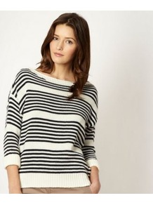 Designer Navy Striped Zip Shoulder Jumper - neckline: slash/boat neckline; pattern: horizontal stripes; style: standard; predominant colour: navy; occasions: casual, work; length: standard; fibres: acrylic - 100%; fit: standard fit; sleeve length: 3/4 length; sleeve style: standard; texture group: knits/crochet; pattern type: knitted - fine stitch; pattern size: small & busy
