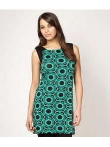 Designer Green Hexagonal Printed Tunic Top - neckline: slash/boat neckline; sleeve style: sleeveless; style: tunic; predominant colour: mint green; secondary colour: black; occasions: casual, evening, holiday; fibres: viscose/rayon - stretch; fit: body skimming; length: mid thigh; back detail: keyhole/peephole detail at back; sleeve length: sleeveless; trends: modern geometrics; pattern type: fabric; pattern size: big & busy; pattern: patterned/print; texture group: jersey - stretchy/drapey