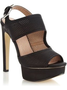 Black Perforated Strapped High Sandals - predominant colour: black; occasions: casual, evening, occasion, holiday; material: faux leather; heel height: high; embellishment: buckles; ankle detail: ankle strap; heel: platform; toe: open toe/peeptoe; style: standard; finish: plain; pattern: plain