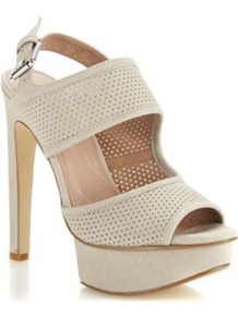 Grey Perforated Strapped High Sandals - predominant colour: light grey; occasions: casual, evening, occasion, holiday; material: faux leather; heel height: high; embellishment: buckles; ankle detail: ankle strap; heel: platform; toe: open toe/peeptoe; style: standard; finish: plain; pattern: plain