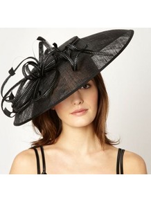 Designer Black Spotted Ribbon Fascinator - predominant colour: black; occasions: evening, occasion; type of pattern: standard; style: fascinator; size: large; material: macrame/raffia/straw; pattern: plain; trends: sculptural frills