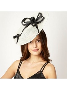 Designer Ivory Stitched Spiral Saucer Headband - predominant colour: ivory; secondary colour: black; occasions: evening, occasion; type of pattern: standard; style: fascinator; size: large; material: sinamay; embellishment: bow; trends: sculptural frills; pattern: colourblock