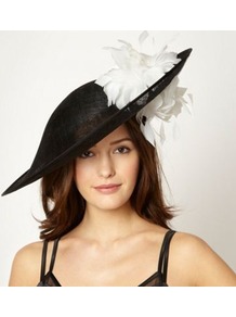 Designer Black Feathered Double Flower Fascinator - secondary colour: white; predominant colour: black; occasions: evening, occasion; type of pattern: standard; style: fascinator; size: large; material: macrame/raffia/straw; pattern: plain; embellishment: corsage