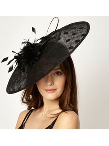 Designer Black Velvet Spotted Saucer Headband - predominant colour: black; occasions: evening, occasion; type of pattern: small; style: fascinator; size: large; material: macrame/raffia/straw; embellishment: feather; pattern: polka dot