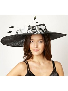 Designer Black Striped Bow Fascinator - secondary colour: white; predominant colour: black; occasions: evening, occasion; type of pattern: light; style: fascinator; size: large; material: sinamay; embellishment: bow; pattern: striped; trends: sculptural frills
