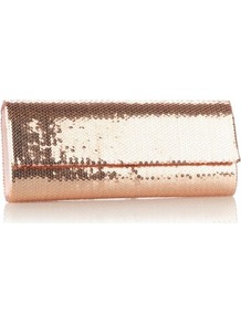 Designer Rose Sequin Clutch Bag - predominant colour: gold; occasions: evening, occasion; type of pattern: standard; style: clutch; length: hand carry; size: small; material: satin; embellishment: sequins; pattern: plain; trends: metallics; finish: metallic