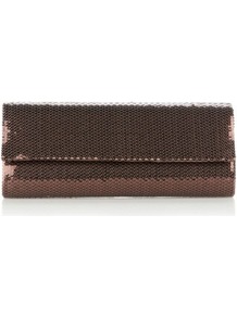 Designer Bronze Sequin Clutch Bag - predominant colour: bronze; occasions: evening, occasion; type of pattern: standard; style: clutch; length: hand carry; size: small; material: satin; embellishment: sequins; pattern: plain; trends: metallics; finish: metallic