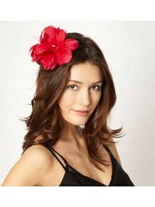 Designer Dark Pink Feather Flower Hair Clip - predominant colour: true red; occasions: evening, occasion; type of pattern: standard; style: fascinator; size: standard; material: fabric; pattern: plain; embellishment: corsage