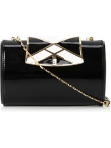 Black Patent Binky Enamel Clasp Clutch Bag - secondary colour: white; predominant colour: black; occasions: evening, occasion; type of pattern: light; style: clutch; length: hand carry; size: mini; material: leather; finish: patent; pattern: colourblock; embellishment: chain/metal