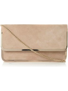 Nude Suede Bavy Fold Over Metal Detail Clutch Bag - predominant colour: nude; occasions: casual, evening, occasion; type of pattern: standard; style: clutch; length: hand carry; size: small; material: suede; pattern: plain; finish: plain; embellishment: chain/metal