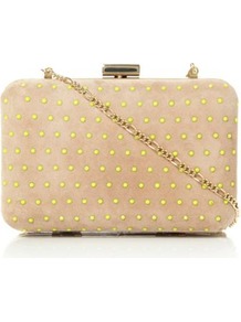 Taupe Suede Blushing Neon Studded Suede Clutch Bag - secondary colour: lime; predominant colour: camel; occasions: evening, occasion; type of pattern: light; style: clutch; length: hand carry; size: small; material: suede; embellishment: studs; pattern: plain; finish: plain