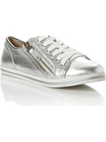 Silver Leather Landscape Metallic Lace Up Trainer - predominant colour: silver; occasions: casual; material: leather; heel height: flat; embellishment: zips; toe: round toe; style: trainers; trends: sporty redux, metallics; finish: metallic; pattern: plain