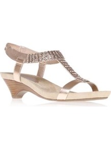 Pink Gladiator Sandals - predominant colour: blush; occasions: casual, evening, occasion, holiday; material: faux leather; heel height: mid; embellishment: crystals; ankle detail: ankle strap; heel: kitten; toe: open toe/peeptoe; style: gladiators; trends: metallics; finish: metallic; pattern: plain