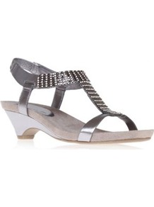 Pewter Gladiator Sandals - predominant colour: silver; occasions: casual, evening, holiday; material: faux leather; heel height: mid; embellishment: crystals; ankle detail: ankle strap; heel: cone; toe: open toe/peeptoe; style: gladiators; trends: metallics; finish: metallic; pattern: plain