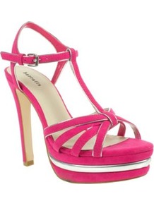Pink T Bar Platform Sandals - predominant colour: hot pink; occasions: casual, evening, occasion, holiday; material: fabric; heel height: high; embellishment: buckles; ankle detail: ankle strap; heel: platform; toe: open toe/peeptoe; style: strappy; finish: plain; pattern: plain