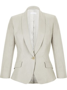 Ruffle Back Jacket - pattern: plain; style: single breasted blazer; collar: shawl/waterfall; predominant colour: stone; occasions: casual, evening, work, occasion; length: standard; fit: tailored/fitted; fibres: linen - mix; waist detail: fitted waist; sleeve length: long sleeve; sleeve style: standard; texture group: linen; trends: tuxedo; collar break: medium; pattern type: fabric; pattern size: standard