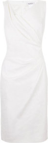 Sultano Dress - style: shift; fit: tailored/fitted; pattern: plain; sleeve style: sleeveless; neckline: asymmetric; waist detail: twist front waist detail/nipped in at waist on one side/soft pleats/draping/ruching/gathering waist detail; predominant colour: white; occasions: casual, evening, occasion; length: just above the knee; fibres: cotton - stretch; sleeve length: sleeveless; texture group: cotton feel fabrics; bust detail: tiers/frills/bulky drapes/pleats; pattern type: fabric