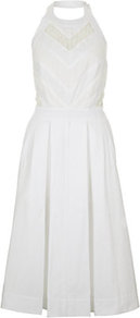 Sacha Chevron Lace Dress - length: below the knee; sleeve style: sleeveless; style: prom dress; bust detail: added detail/embellishment at bust; waist detail: fitted waist; neckline: halter neck; back detail: low cut/open back; predominant colour: ivory; occasions: evening, occasion; fit: fitted at waist & bust; fibres: cotton - 100%; hip detail: structured pleats at hip; sleeve length: sleeveless; texture group: lace; trends: volume; pattern type: fabric; pattern size: standard; embellishment: embroidered