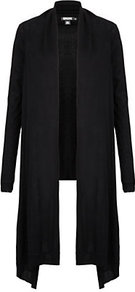 The Cozy - neckline: shawl; length: below the bottom; style: open front; predominant colour: black; occasions: casual, evening, work; fibres: silk - mix; fit: loose; back detail: shorter hem at back than at front; sleeve length: long sleeve; sleeve style: standard; texture group: knits/crochet; pattern type: knitted - fine stitch