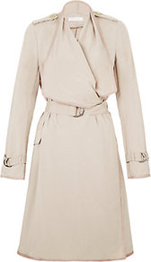 Lightweight Trench - pattern: plain; shoulder detail: obvious epaulette; hip detail: side pockets at hip; collar: shawl/waterfall; style: trench coat; fit: slim fit; length: mid thigh; predominant colour: stone; occasions: casual, work; fibres: polyester/polyamide - mix; waist detail: belted waist/tie at waist/drawstring; sleeve length: long sleeve; sleeve style: standard; collar break: high; pattern type: fabric; texture group: other - light to midweight