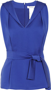 Aster Blouse - neckline: v-neck; pattern: plain; sleeve style: sleeveless; waist detail: belted waist/tie at waist/drawstring; predominant colour: royal blue; occasions: casual, evening, work, occasion; length: standard; style: top; fibres: silk - 100%; fit: body skimming; sleeve length: sleeveless; texture group: structured shiny - satin/tafetta/silk etc.; bust detail: tiers/frills/bulky drapes/pleats; pattern type: fabric; pattern size: standard
