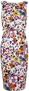 Bingo Dress - style: shift; neckline: round neck; fit: tailored/fitted; sleeve style: sleeveless; occasions: evening, work, occasion; length: on the knee; fibres: cotton - stretch; predominant colour: multicoloured; sleeve length: sleeveless; texture group: cotton feel fabrics; trends: high impact florals, glamorous day shifts, fluorescent; pattern type: fabric; pattern size: small & busy; pattern: florals