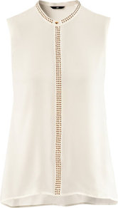 Blouse - sleeve style: sleeveless; neckline: high neck; style: blouse; predominant colour: ivory; occasions: evening, work; length: standard; fibres: polyester/polyamide - 100%; fit: straight cut; back detail: longer hem at back than at front; sleeve length: sleeveless; texture group: sheer fabrics/chiffon/organza etc.; pattern type: fabric; pattern size: small & light; embellishment: beading